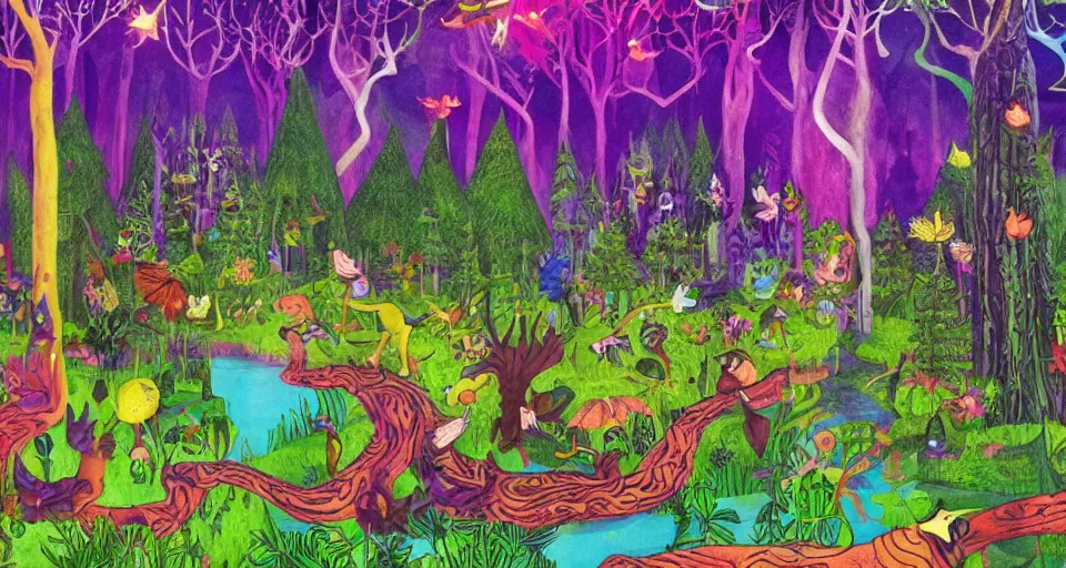 Image similar to A dense and dark enchanted forest with a swamp, by Lisa Frank,