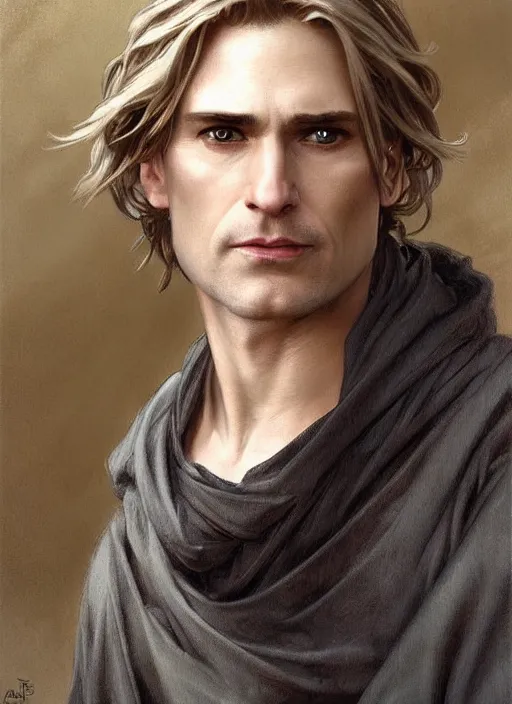 Image similar to a clean shaven man aged 4 0 with tousled blonde hair and hazel eyes and a friendly expression. he is handsome and wearing a grey cloak. head and shoulders portrait painting by artgerm and greg rutkowski and alphonse mucha.