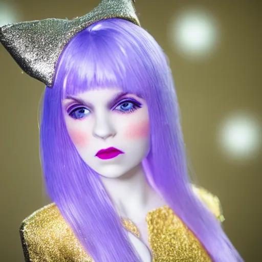 Prompt: girl with silver-violet hair, white eyes and golden glittery dress, wide lens, diorama, 4k,