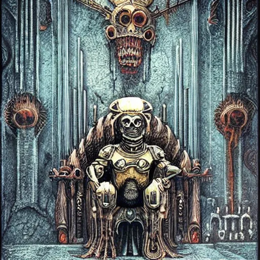 Prompt: Illustration by H.R Giger of The Emperor on his Golden Throne in a body horror style. Warhammer 40k