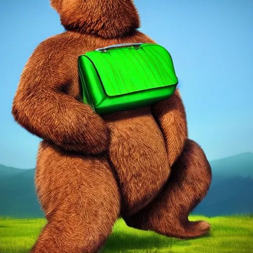 Image similar to big realistic bear standing on two legs, wearing big green bag at his bac, square backpack, photo realistic, high detail, smooth