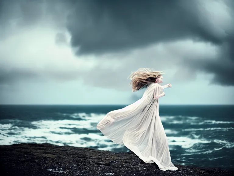 Image similar to cinestill 5 0 d photography portrait of a woman britt marling 3 / 4 style of nicholas fols, 2 0 0 mm, dress in voile, hair like dark clouds, hair floating on air, head in focus, mute dramatic colours, soft blur outdoor stormy sea background, volumetric lighting, hyper detailed, hyper realistic