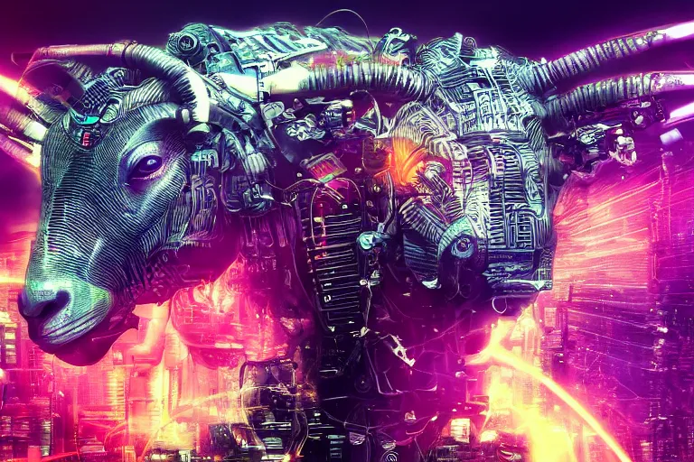 Image similar to complex cyberpunk machine background merged with evil cybernetic goat head in center focus, multicolored digital art