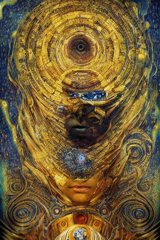 Prompt: Intermittent Chance of Chaos Muse by Karol Bak, Jean Deville, Gustav Klimt, and Vincent Van Gogh, enigma, destiny, fate, unearthly gears, otherworldly, fractal structures, prophecy, ornate gilded medieval icon, third eye, spirals