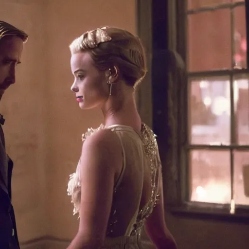 Image similar to still of ryan gosling and margot robbie, in once upon a time in america