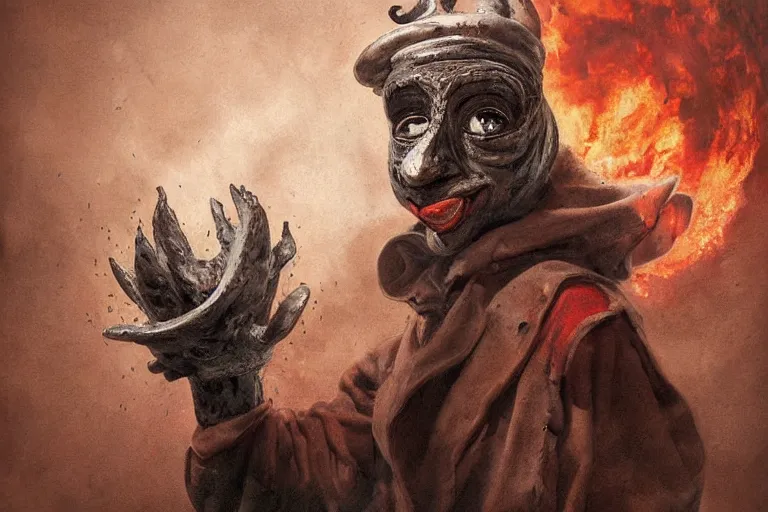 Image similar to a highly detailed pulcinella!! from naples, pizza!, volcano, black sky, smoke, fire lava, post - apocalyptic vibe, full body, wide angle, an ultrafine detailed painting by rivorio mok, trending on deviantart, whimsical, lowbrow, perfect symmetrical face, sharp focus, octane, masterpiece