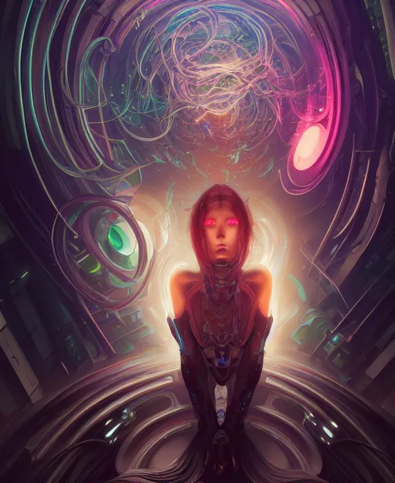 Image similar to a whirlwind of souls rushing inside the metaverse, half body, glowin eyes, android, cyborg, cyberpunk face, by loish, d & d, fantasy, intricate, elegant, highly detailed, colorful, vivid color, digital painting, artstation, concept art, art by artgerm and greg rutkowski and alphonse mucha and ruan jia