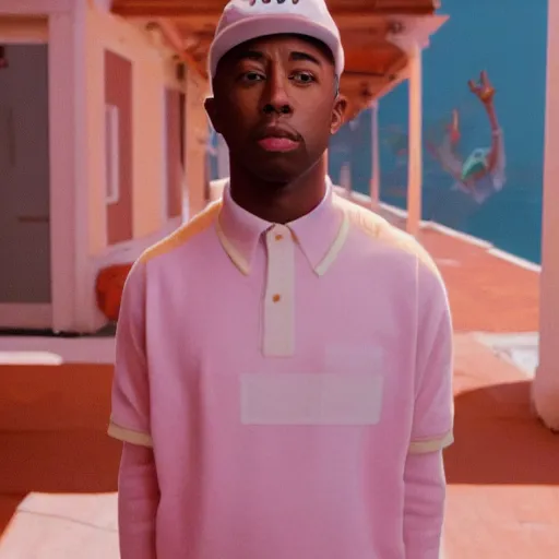 Prompt: A wideshot of Tyler The Creator in a Wes Anderson movie, 8K concept art, vintage, shot on Kodak Ektar, detailed, golden hour