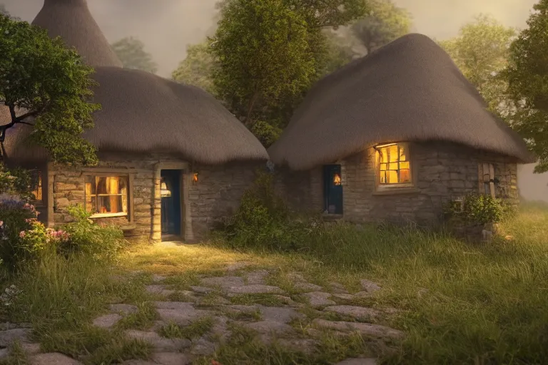 Prompt: a beautiful matte painting of a little cottage, trending on artstation, 1 2 k, ultra realistic, unreal engine, octane render, volumetric lighting