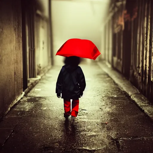 Prompt: A small child wearing red shoes and a rain coat obscuring his face walking alone in a dark alley, scary atmosphere,gloomy lighting, digital art , highly detailed , high contrast, beautiful lighting, award winning , trending on art station, 8k, photo realistic