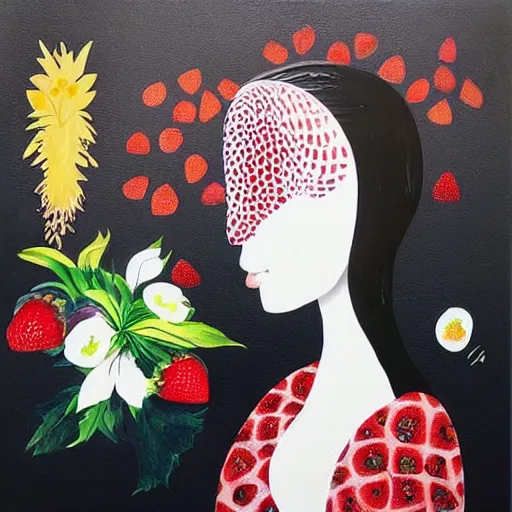 Image similar to “art in an Australian artist’s apartment, portrait of a woman wearing white cotton cloth, eating luscious fresh raspberries and strawberries and blueberries, white wax, edible flowers, Japanese pottery, ikebana, black walls, acrylic and spray paint and oilstick on canvas”