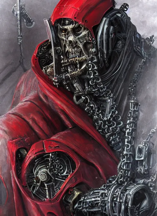 Image similar to portrait of rotten Nicolas Cage as adeptus mechanicus in red hood and robe from Warhammer 40000, mechanical tentacles. Highly detailed, artstation, illustration by and John Blanche and zdislav beksinski and wayne barlowe