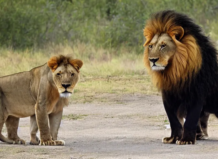 Image similar to a lion standing in front of a threatening bear