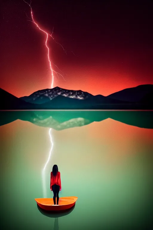 Image similar to medium closeup shot, flash photography of a woman floating in the lake, mountains, dark sky and night lightning, by ren hang, long exposure, octane render, unreal engine, high details