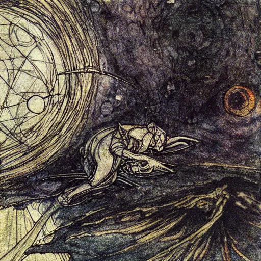 Prompt: Liminal space in outer space by Arthur Rackham, colored