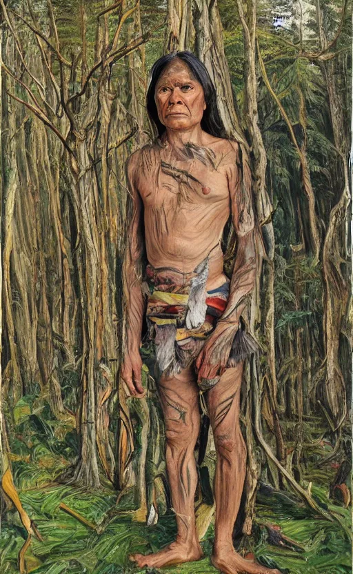 Image similar to full shot picture of indigenous leader standing in the forest, painted by lucian freud, hd, super detailed, amazing, realistic lighting