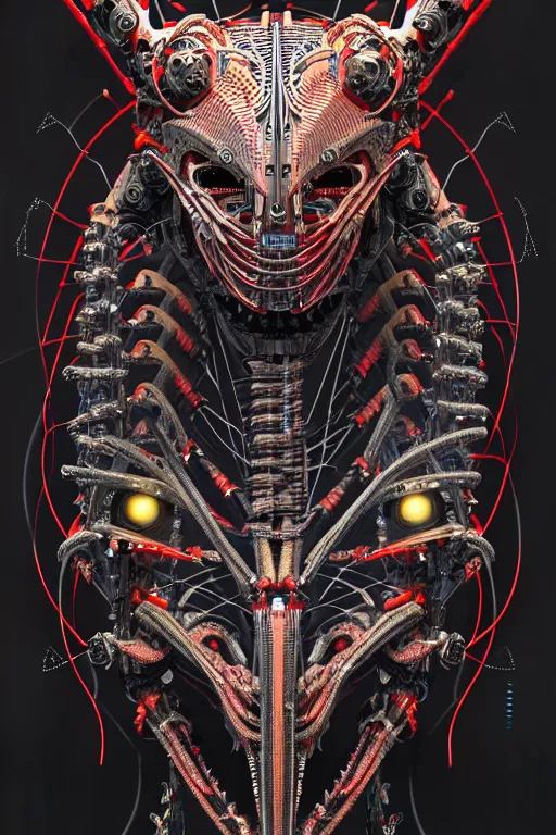 Image similar to a centered uncut fullbody frontview portrait of a robotic predator headed biomechanical creature by clogtwo and subjekt zero feat paul lewin and ø - cult. intricate detailed sharp clean textured very ornated. indian style tapestry design. hd. 4 k. lowbrow color palette