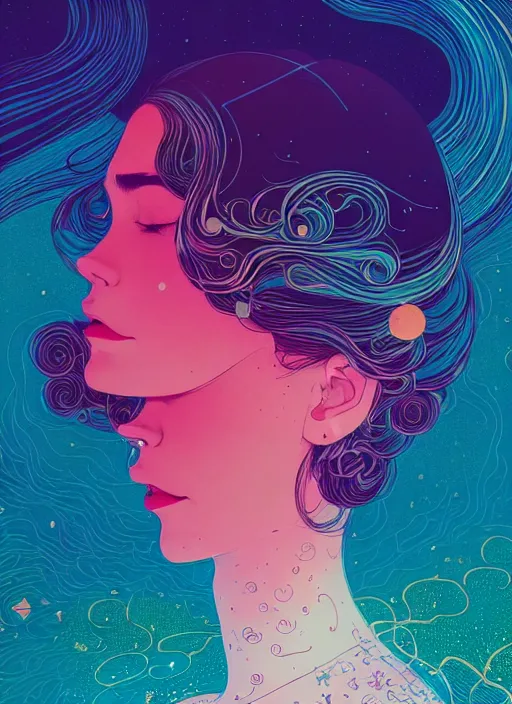 Prompt: dreams flowing through a woman's head, artstation winner by victo ngai, kilian eng and by jake parker, by conrad roset, swirly vibrant color lines, winning award masterpiece, fantastically gaudy, aesthetic octane render, 8 k hd resolution