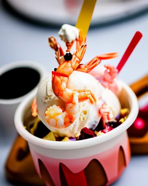 Image similar to dslr food photograph of an ice cream sundae with shrimps on. 8 5 mm f 1. 4