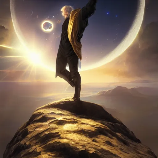 Prompt: a man with gold hair punching through the moon, wanderer above the sea of fog, cyberpunk, romanticism god rays, volumetric lighting, octane render, 4 k resolution, art by artgerm and greg rutkowski and alphonse mucha, masterpiece, in a luminist baroque style