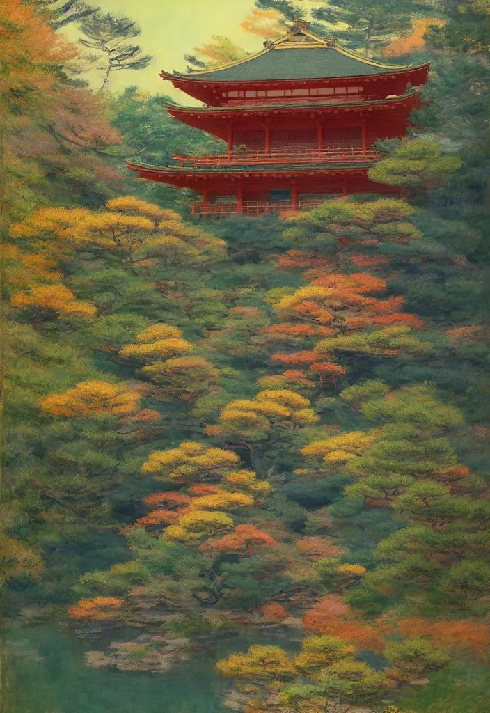 Image similar to a japanese temple in the mountain. gorgeous epic nature. yokai walking around, lofi, vivid colors, amazing light, by jeremy lipkin, by claude monet, heavily inspired by makoto shinkai, kandinsky touches, inspired by ghibli, masterpiece, multiple brush strokes, impressionist style