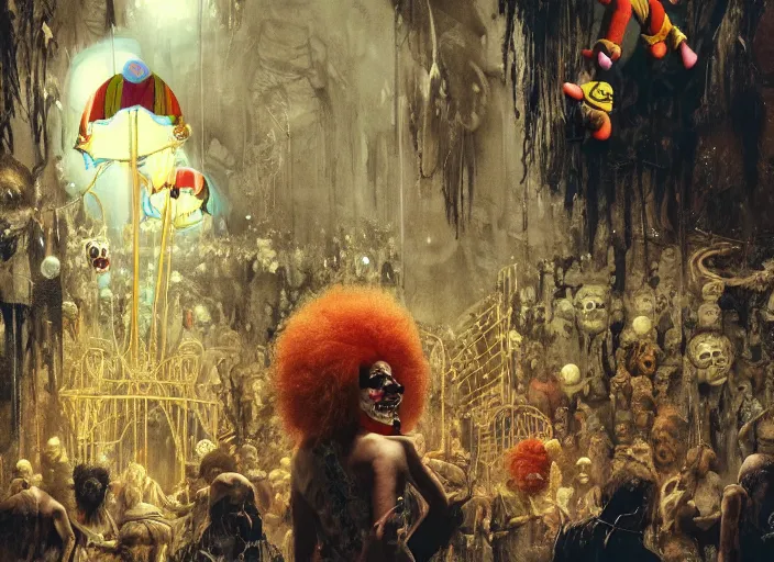 Image similar to wild underground carnival scene from a 7 0's movie by chris cunningham, kenneth anger and alejandro jodorowsky : : clowns, courtesans, animals : : ultra realistic, concept art, highly detailed by greg rutkowski, craig mullins, simon bisley 4 k