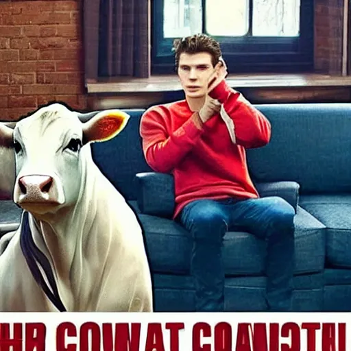 Image similar to epic move poster cow sitting on couch with tom holland