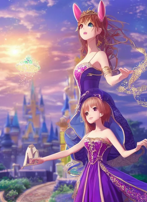 Image similar to a pleasant, beautiful, funny, smooth 3D CG render, semirealistic anime style, a noblepriestess magician girl wearing dress and jewelry, in a glorious magic kingdom, relaxing calm vibes, fairytale