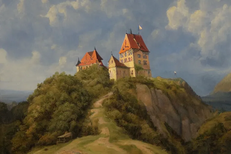 Image similar to a painting of a german castle on the cliff