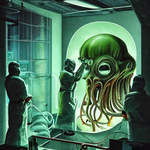 Image similar to scientists watching a clone of cthulhu in culture capsule, bio chemical illustration, hyperealistic, detailed photography, divinity, awful, religious art, sci - fi, green light