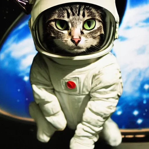 Prompt: photo of cat in space suit