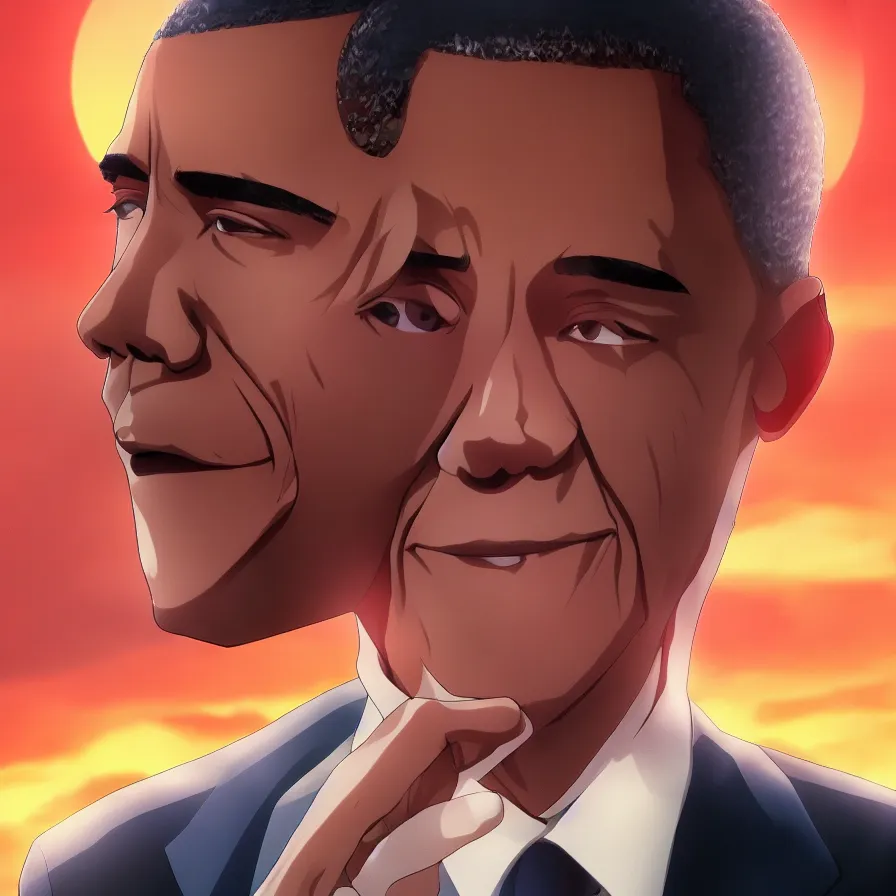 Image similar to barack obama as an anime protagonist, beautiful anime style, cinematic rim lighting, dramatic pose, beautiful sunset, professional, highly detailed, clear, sharp, smug expression, trending on artstation