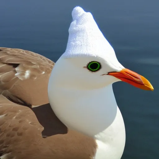 Prompt: Seagull wearing luigis hat, realistic