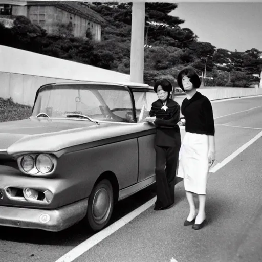 Prompt: 1960s press archive of the actress Choi Eun-Hee and director Shin Sang-ok coming out of a car, faces obscured, Reuters, 35mm film, film grain, mysterious exterior, underexposed