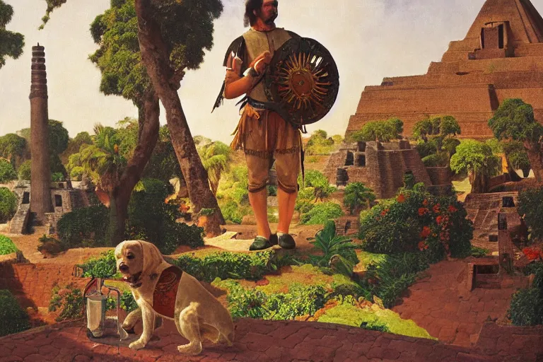 Prompt: painting of a spanish conquistador with a dog, at the aztec pyramids, jungle, sunset, chill, romantic, by ludwig deutsch and maxfield parrish, patterned tilework, extremely detailed, cinematic lighting, smooth sharp focus