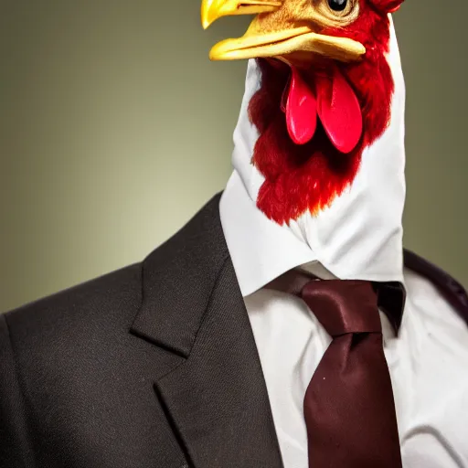 Image similar to a high quality photo of a chicken wearing a suit, 8k, digital art