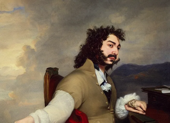 Image similar to romanticism painting of post malone during the french revolution