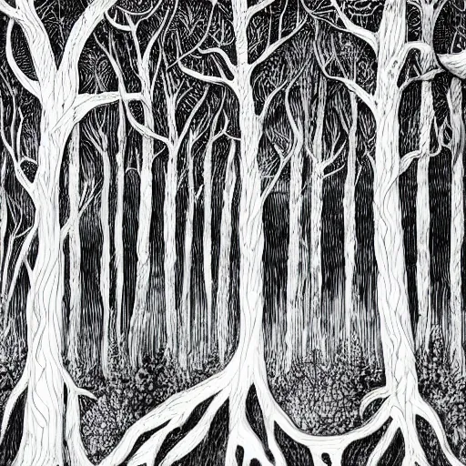 Image similar to beautiful forest illustration, 4k detailed, black ink on white paper, fantasy, white space in center