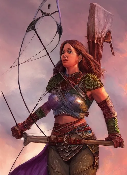 Image similar to female archer hunter, ultra detailed fantasy, dndbeyond, bright, colourful, realistic, dnd character portrait, full body, pathfinder, pinterest, art by ralph horsley, dnd, rpg, lotr game design fanart by concept art, behance hd, artstation, deviantart, hdr render in unreal engine 5