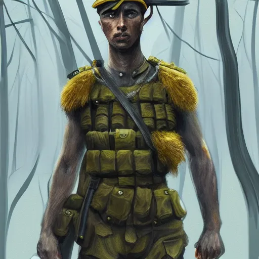Image similar to male soldier in the forest, by annie leibowitz!!!, D&D, fantasy, intricate, elegant, highly detailed, digital painting, artstation, concept art, matte, sharp focus, illustration