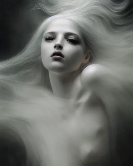 Image similar to monochrome, dreamy, subsurface scattering, white, young beautiful goddess in cosmos with very long white hair floating in air, fluid smoke art, black and white, octane render, dino valls, mark ryden, joe fenton, michal karcz, highly detailed, rim light, art, cinematic lighting, very coherent, hyper realism, 8 k