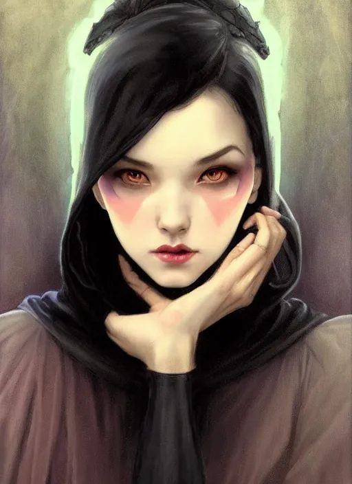 Prompt: girl, portrait, devil smile, ice magic, long face, sharp features, black hair, dark robe, dnd, art by artgerm and greg rutkowski and alphonse mucha, trending on artstation, cinematic light, pastel colors, volumetric shading, high radiosity dull skin, global illumination, radiant light, soft light, soft color dodge, subsurface scattering