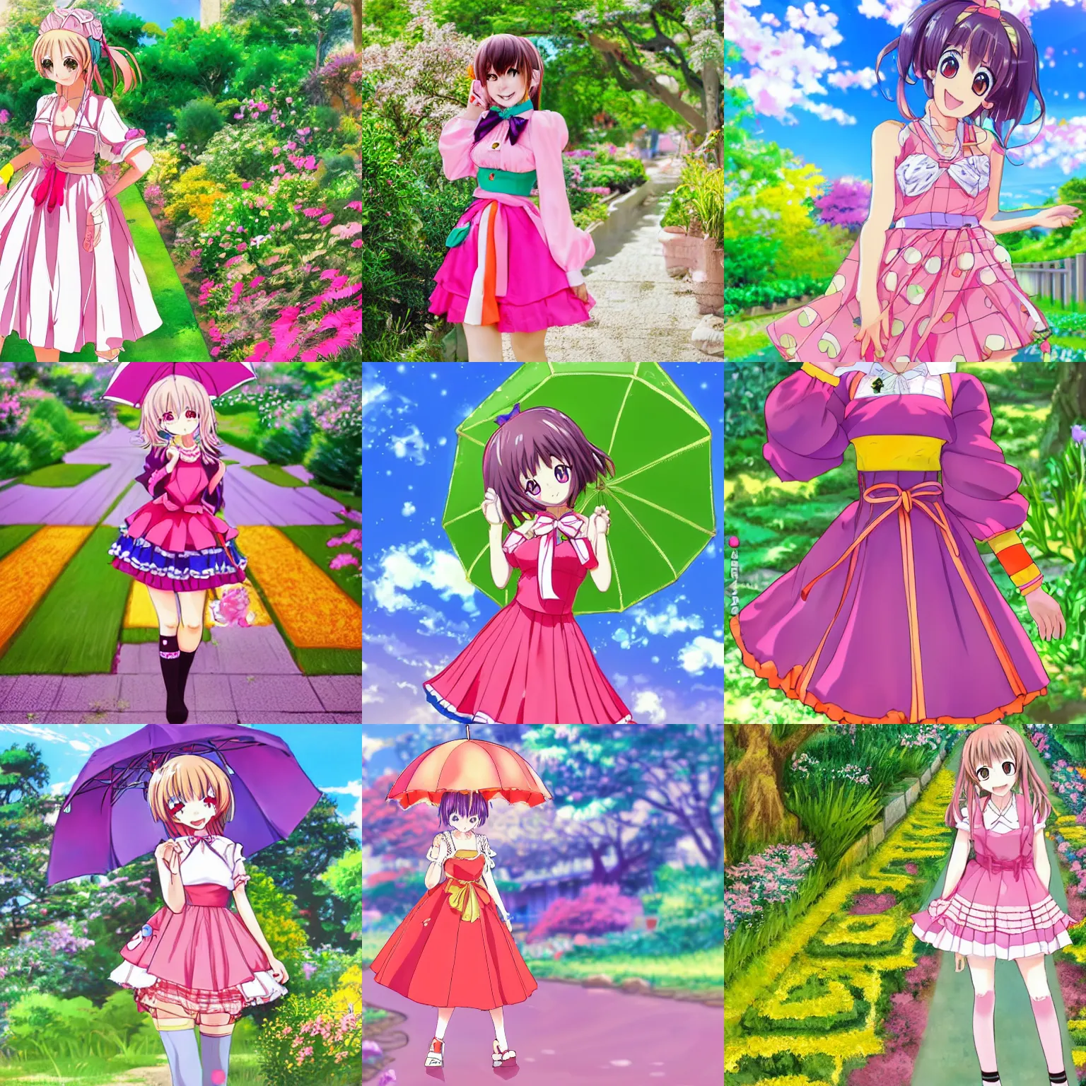 Prompt: a very cute art of a smiling anime girl idol wearing a colorful dress, walking at the garden, detailed, in the style of anime