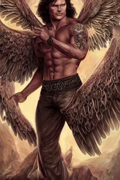 Image similar to handsome! Sam Winchester as a muscular angel wings wide open whole body tattooed with runes and religious symbols, urban fantasy romance book cover, D&D!, fantasy style, sharp focus!, ultra detailed, art by Artgerm and Peter Andrew Jones, WLUP