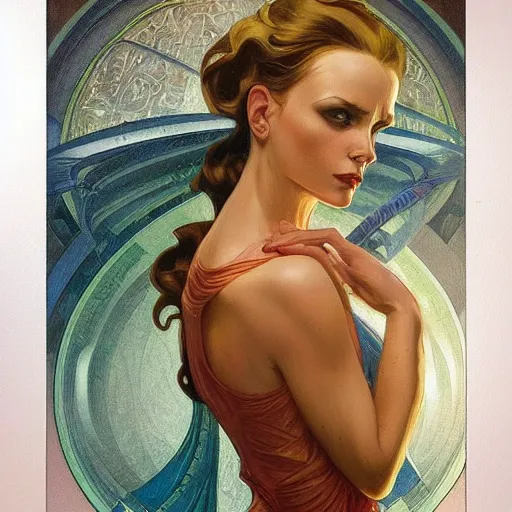 Image similar to a streamline moderne painting in the style of donato giancola, and in the style of charlie bowater, and in the style of alphonse mucha. symmetry, smooth, sharp focus, semi - realism, intricate detail.