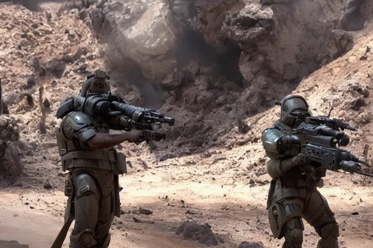 Image similar to VFX movie of a futuristic spacemarine in war zone, shooting gun natural lighting by Emmanuel Lubezki