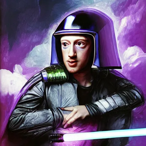 Prompt: Cyberpunk Mark Zuckerberg as a long haired medieval pilot wearing a transparent helmet while holding a purple lightsaber inside a medieval spaceship, by Diego Velázquez