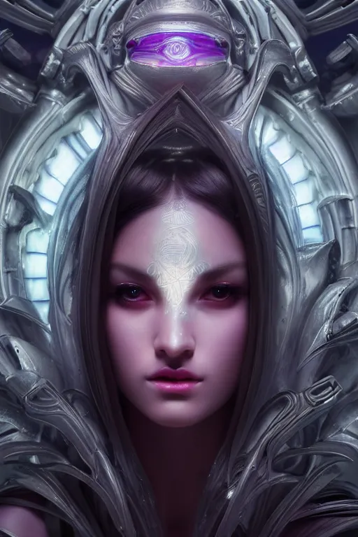 Image similar to ultra detailed, cinematic closeup photo of beautiful, female android deity, sharp focus, no blur, studio photo, model, floodlight. calm, angry, fantasy art, octane render, unreal engine. flowerpunk, noir. photorealistic concept art, triadic color scheme. art by artgerm and wlop and giger and greg rutkowski and alphonse mucha, 8 k