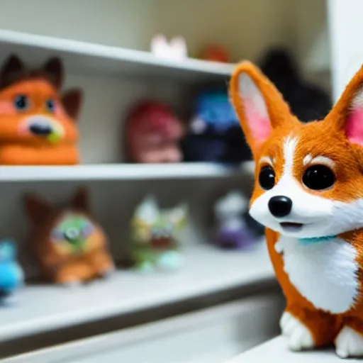 Image similar to award - winning photograph of a cute corgi furby toy on a store shelf