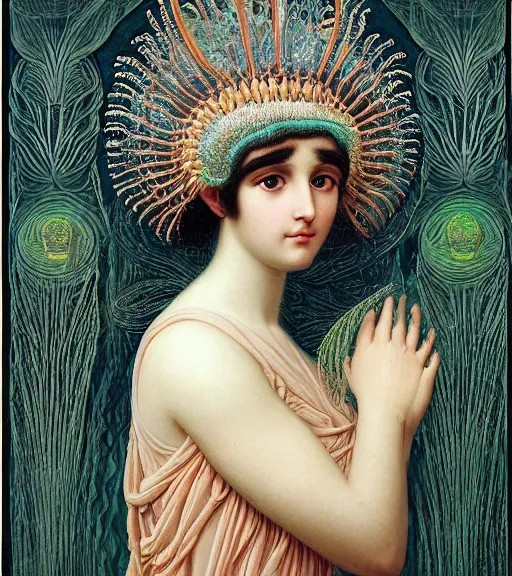 Prompt: portrait of a gorgeous sublime young goddess with intricate decorative jellyfish headdress and beautiful eyes, clear lines, detailed painting by john william godward and ernst haeckel and james jean